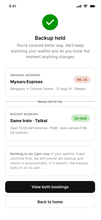 Backup Held screen — original and backup bookings shown together
